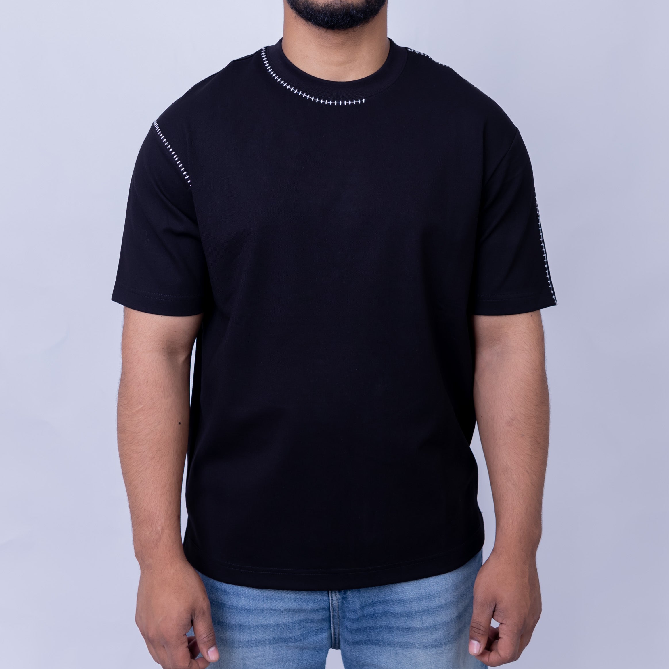 Oversized Men's Cotton Blend Contrast Stitch Crew Neck T-Shirt