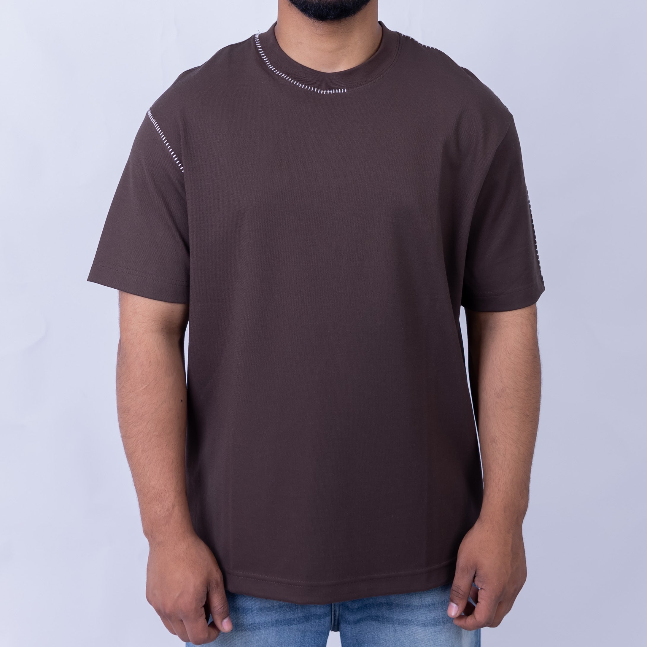 Oversized Men's Cotton Blend Contrast Stitch Crew Neck T-Shirt