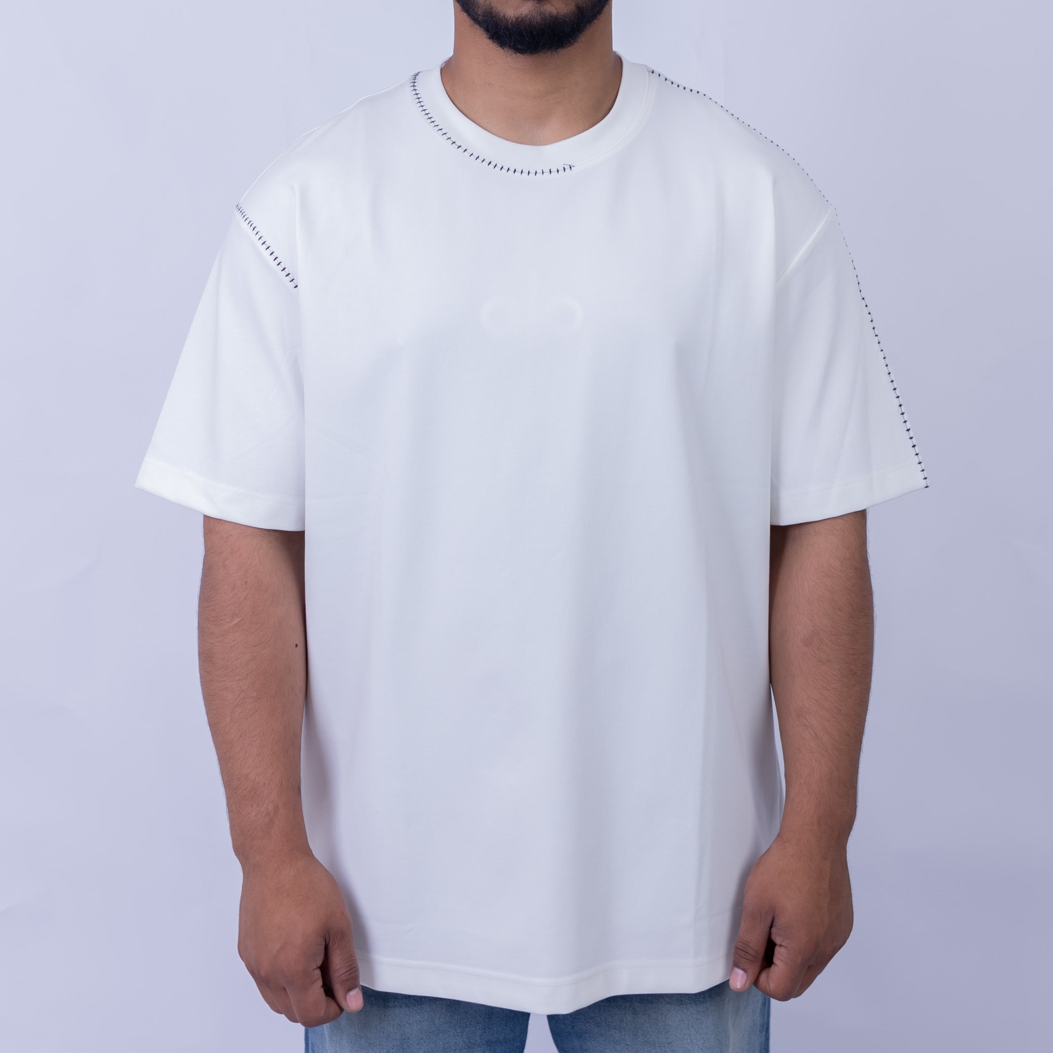 Oversized Men's Cotton Blend Contrast Stitch Crew Neck T-Shirt
